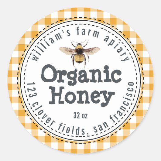 Honey Jar Label Honeybee Apiary Yellow Check (Voorkant)