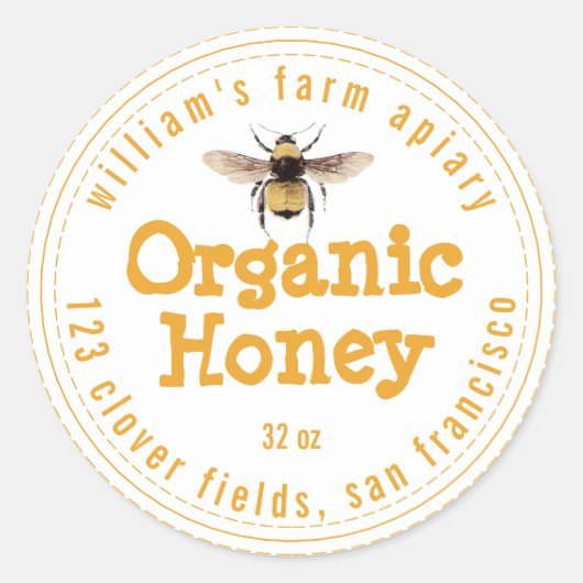 Honey Jar Label Honeybee Apiary Yellow White (Voorkant)