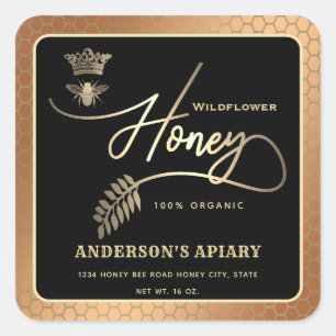Honey jar modern script koningin bee square sticke vierkante sticker