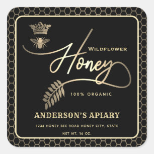 Honey jar modern script koningin bee square sticke vierkante sticker
