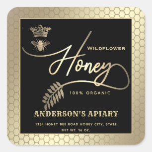 Honey jar modern script koningin bee square sticke vierkante sticker