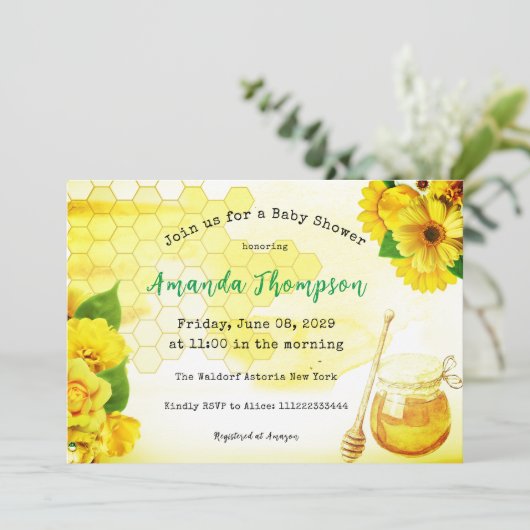 Honey Jar Yellow Green Moeder to Bee Baby shower Kaart (Staand voorkant)