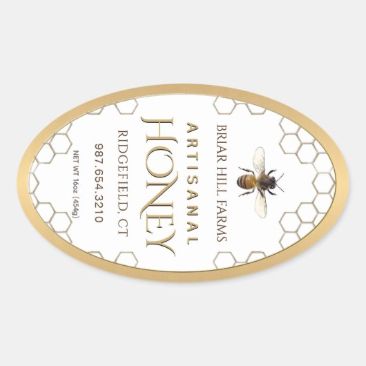 Honey Label with honeycomb, bee and gold border (Voorkant)