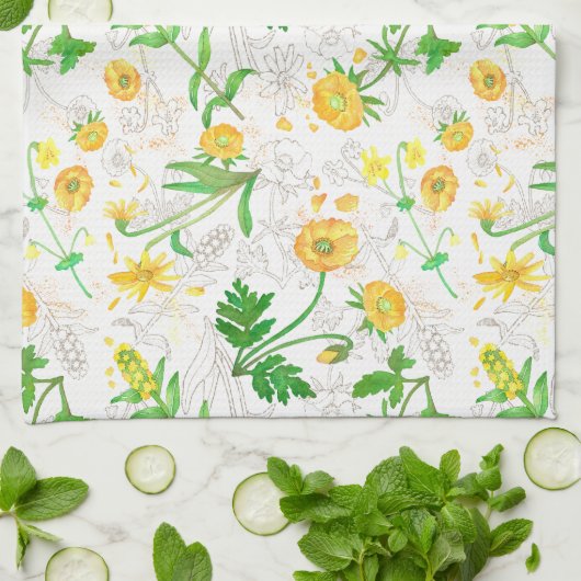 Honey Lemon Flowers Snow White Kitchen Towels Theedoek (Gevouwen)