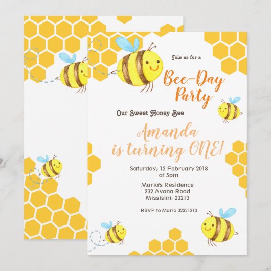 Honey Little Bee 1st Birthday Invitation Kaart (Voorkant / Achterkant)
