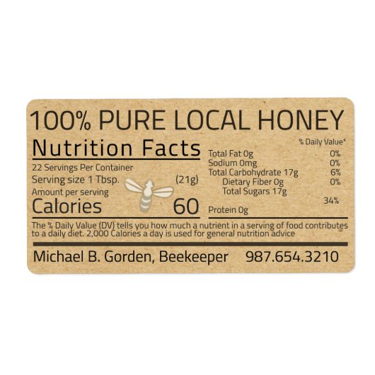 Honey Nutrition Fact Kraft Shipping Label with be (Voorkant)