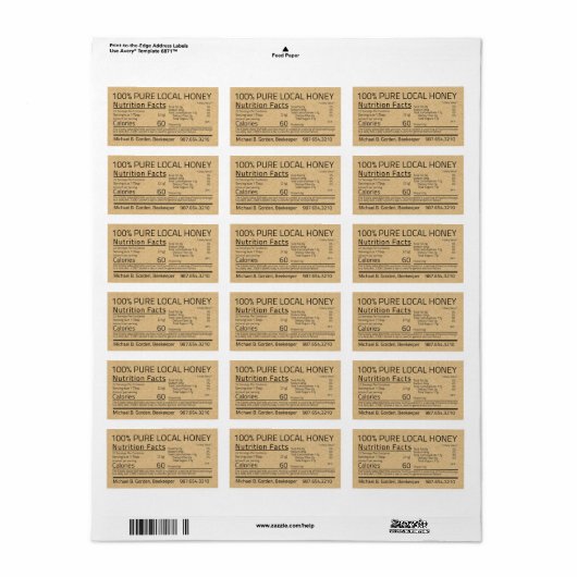 Honey Nutrition Facts Kraft Address Label (Full Sheet)