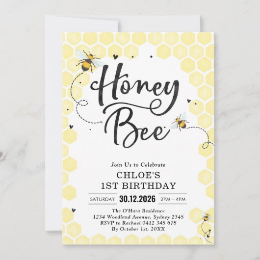 Honey One Honey Bee 1st Birthday Invitation Kaart (Voorkant)