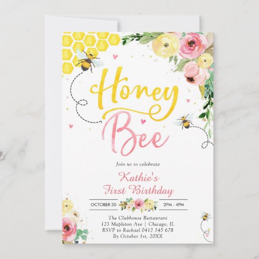 Honey One Honey Bee 1st Birthday Invitation Kaart (Voorkant)
