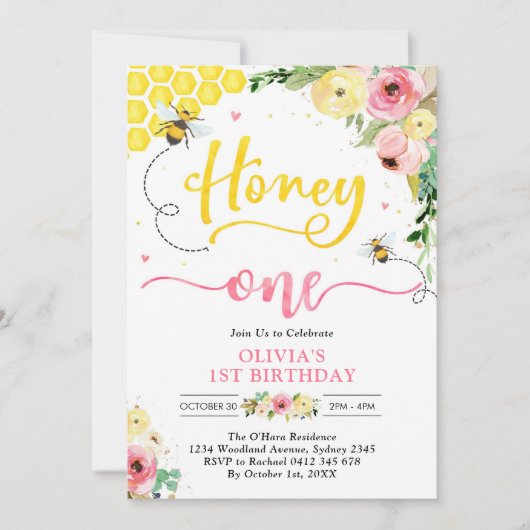 Honey One Honey Bee 1st Birthday Invitation Kaart (Voorkant)