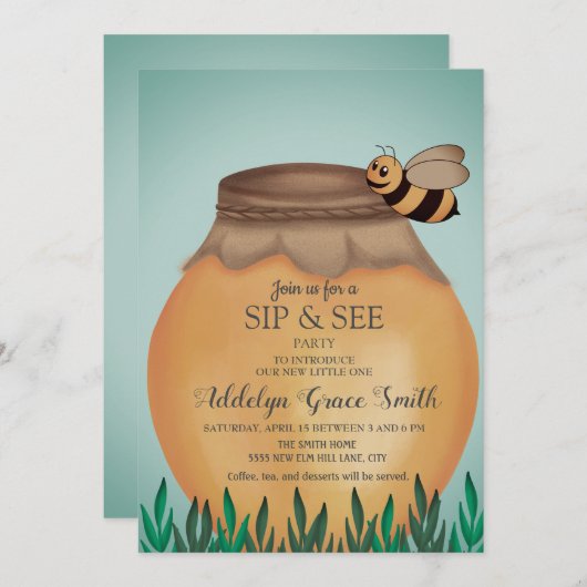 Honey Pot en Honeybee Sip Zie Baby shower Kaart (Voorkant / Achterkant)