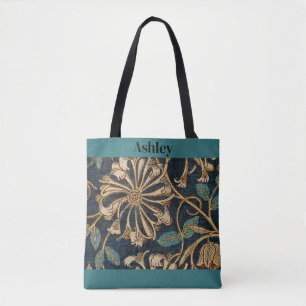 Honey suckle bloemontwerp, blauw, tan, rood, tote bag