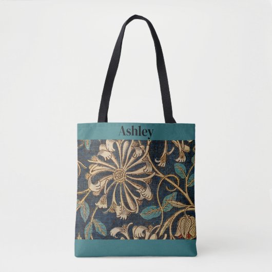 Honey suckle bloemontwerp, blauw, tan, rood, tote bag (Voorkant)