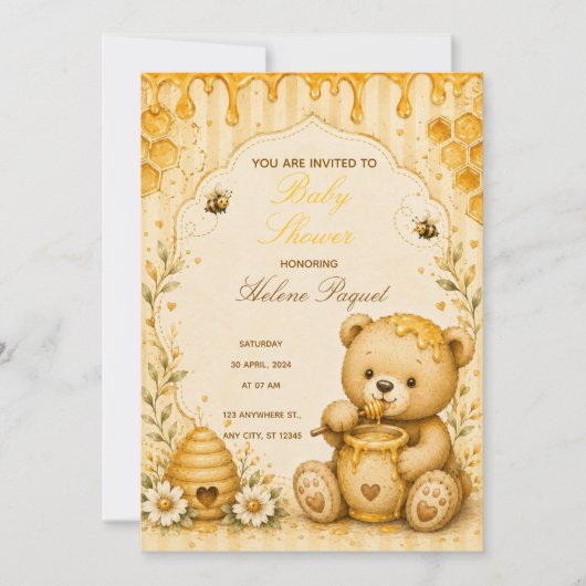 Honey Teddybeer Babyshower Uitnodiging (Voorkant)