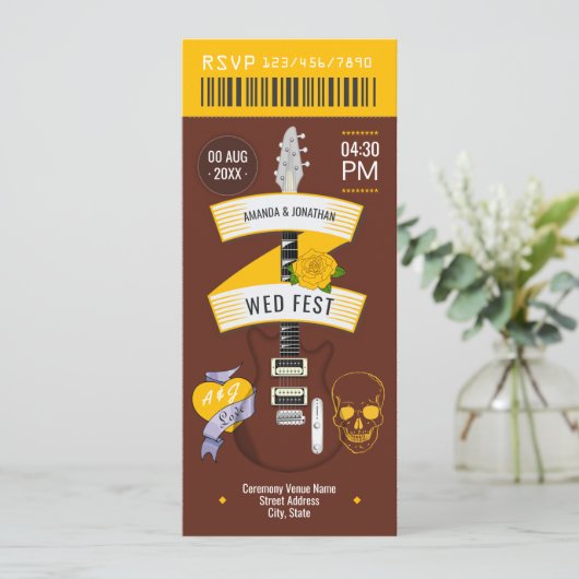 Honey Whiskey Rock ’n’ Roll Wedding Ticket Kaart (Staand voorkant)