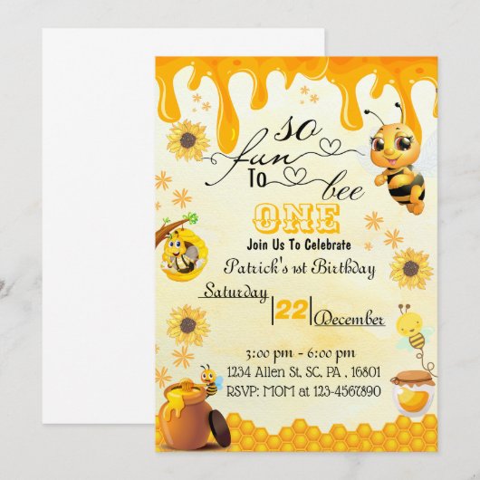 Honeybee 1st Birthday Invitation for Boy Kaart (Voorkant / Achterkant)