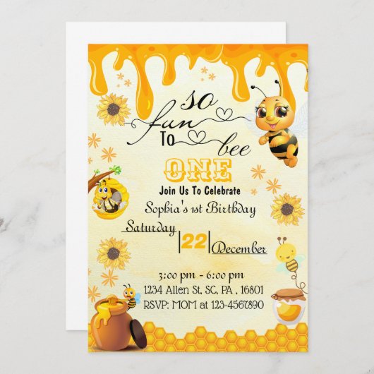 Honeybee 1st Birthday Uitnodiging voor Jongen & Me (Voorkant / Achterkant)