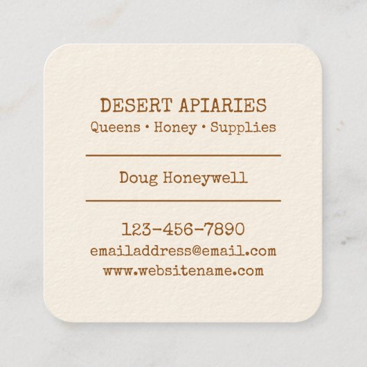 Honeybee Apiary Vierkante Visitekaartje (Achterkant)
