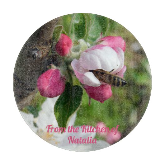 Honeybee & Apple Blossom Glass Cutting Board Snijplank (Voorkant)
