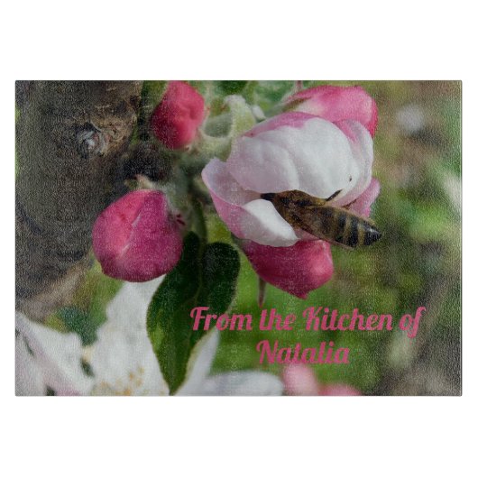 Honeybee & Apple Blossom Glass Cutting Board Snijplank (Voorkant)