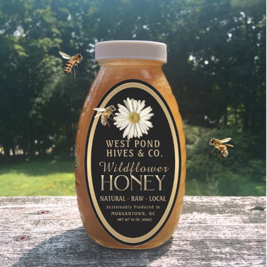 Honeybee en Daisy 16 oz Queenline Jar Black Honey Ovale Sticker