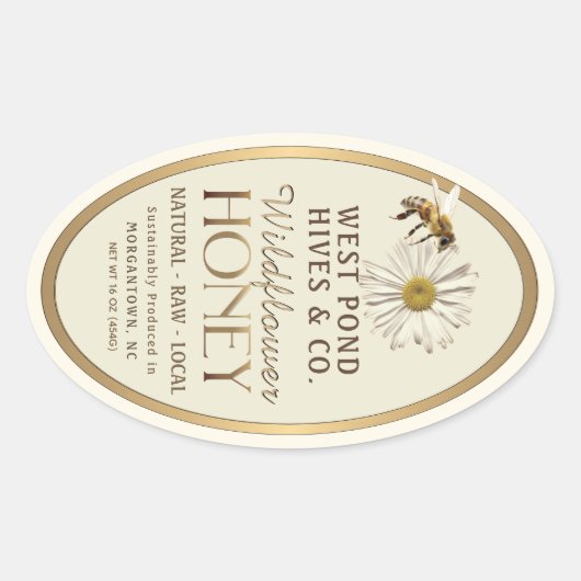 Honeybee en Daisy 16 oz Queenline Jar Gold Honey Ovale Sticker (Voorkant)
