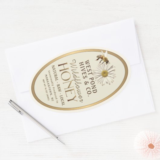 Honeybee en Daisy 16 oz Queenline Jar Gold Honey Ovale Sticker (Envelop)