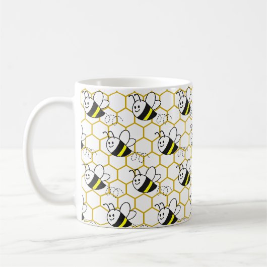 Honeybee Honeycomb Black Yellow White Pattern  Koffiemok (Links)
