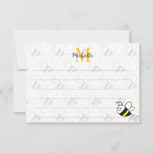 Honeybee Honeycomb Drawing Custom Lined Monogram Notitiekaartje (Voorkant)