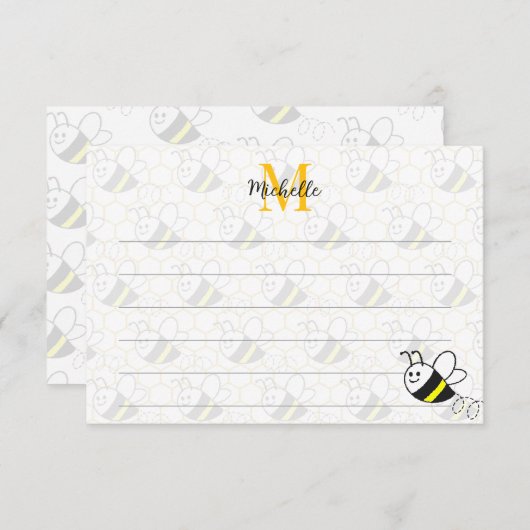Honeybee Honeycomb Drawing Custom Lined Monogram Notitiekaartje (Voorkant / Achterkant)