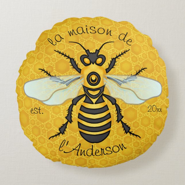 Honeybee Honeycomb Elegant French Bee Family Name Rond Kussen (Voorkant)