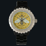 Honeybee Honeycomb French Bee Bumblebee Custom Horloge<br><div class="desc">Dit prachtige honingbij polshorloge shows een bij over een felle honingraat achtergrond. De gele en zwarte bij heeft een bruine vleugel. De achtergrond is een gouden honingraatpatroon van de bijenkorf. De bij komt tot leven en lijkt recht uit het ontwerp te reiken, zijn vleugels verspreiden zich over de Romeinse numerieke...</div>