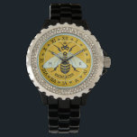 Honeybee Honeycomb French Bee Bumblebee Custom Horloge<br><div class="desc">Dit prachtige honingbij polshorloge shows een bij over een felle honingraat achtergrond. De gele en zwarte bij heeft een bruine vleugel. De achtergrond is een gouden honingraatpatroon van de bijenkorf. De bij komt tot leven en lijkt recht uit het ontwerp te reiken, zijn vleugels verspreiden zich over de Romeinse numerieke...</div>