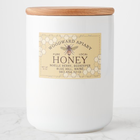 Honeybee Honeycomb Pure Local Honey Yellow Voedselcontainer Etiket (Voorkant)