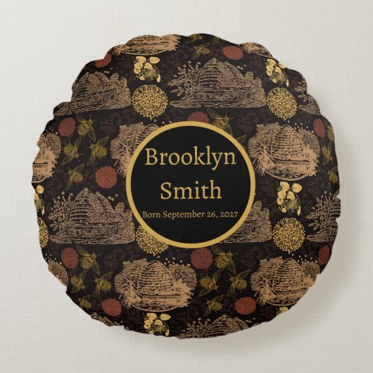 Honeycomb Bee Black Nursery Rond Kussen (Voorkant)