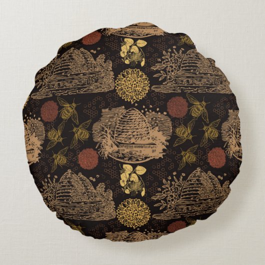  Honeycomb Bee Black Nursery Rond Kussen (Achterkant)