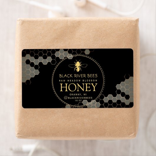 Honeycomb Bee Raw Honey Label Zwart Verzendlabel (Insitu)