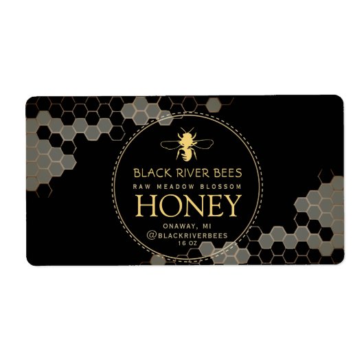 Honeycomb Bee Raw Honey Label Zwart Verzendlabel (Voorkant)