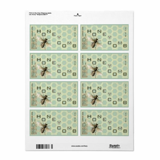 Honeycomb Containerlabel met Comb Honeybee Date Etiket (Full Sheet)