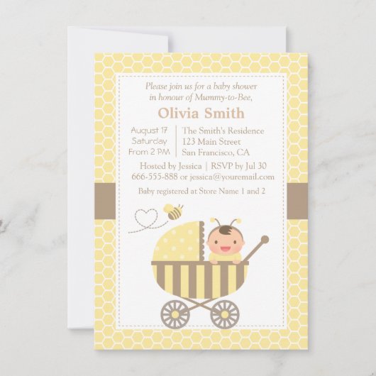 Honeycomb Cute Bumble Bee Baby Shower Invitations Kaart (Voorkant)