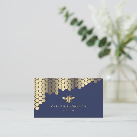 Honeycomb Faux Gold folie Bee op Blauw Visitekaartje (Staand voorkant)