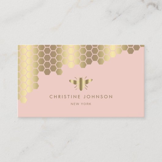 Honeycomb Faux Gold folie Bee op Pink Blush Visitekaartje (Voorkant)