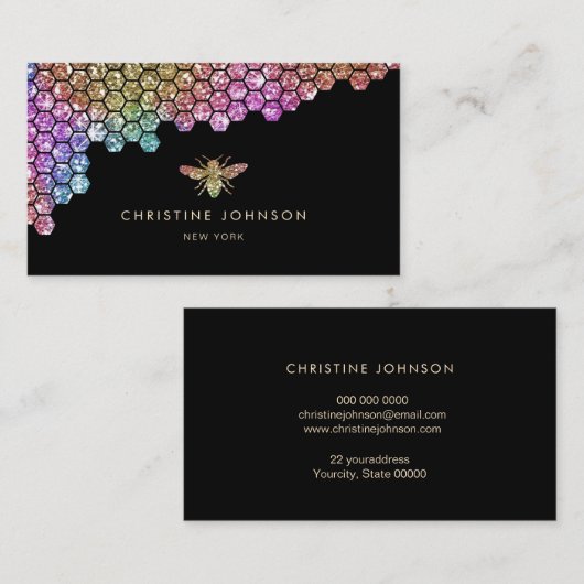 Honeycomb Faux Rainbow Glitter Bee op zwart Visitekaartje (Voorkant / Achterkant)