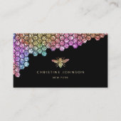Honeycomb Faux Rainbow Glitter Bee op zwart Visitekaartje (Voorkant)