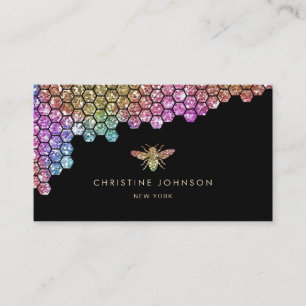 Honeycomb Faux Rainbow Glitter Bee op zwart Visitekaartje