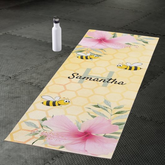 Honeycomb roze florals hommels naam monogram yogamat