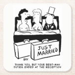 Honeymoon Couple en Best Man in Bed Kartonnen Onderzetters<br><div class="desc">Funny Wedding Cartoon van Beste man in bed met de Bride en de Bridegroom. Beste man cadeau.</div>