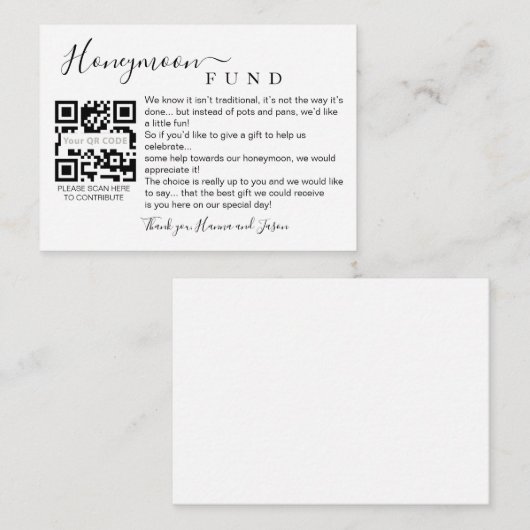 Honeymoon-financieringskaart met QR Informatiekaartje (Voorkant / Achterkant)