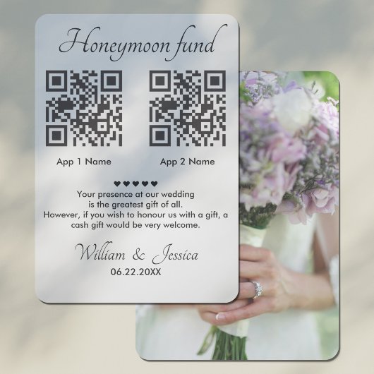 Honeymoon Fonds met 2 QR-code en foto's Informatiekaartje