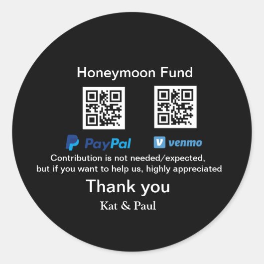 Honeymoon Fonds PayPal Venmo QR code bedankt Ronde Sticker (Voorkant)